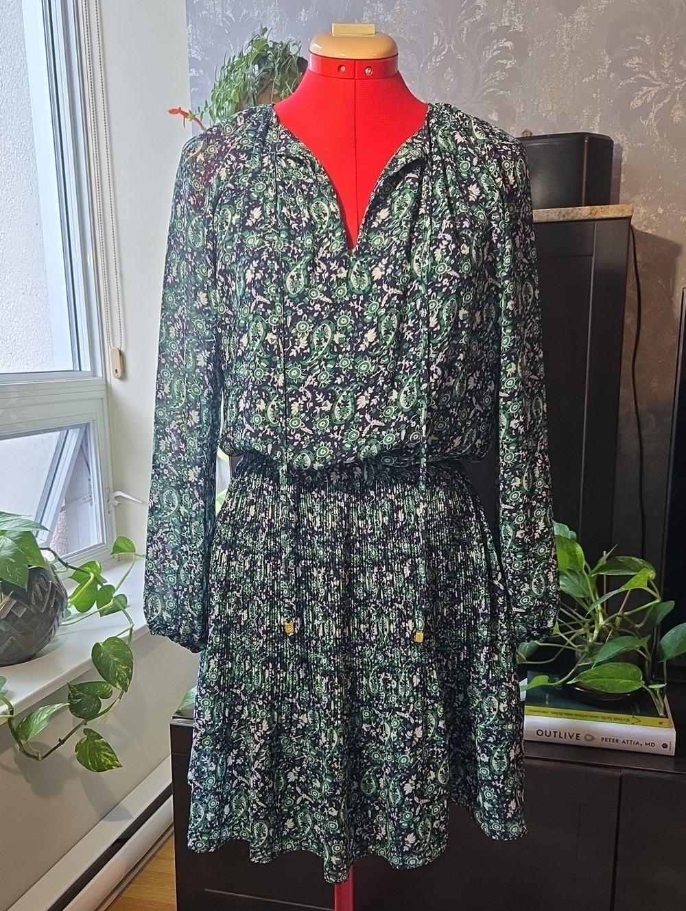 Michael Kors Paisley Floral Long-Sleeve Pleated Waist Dress